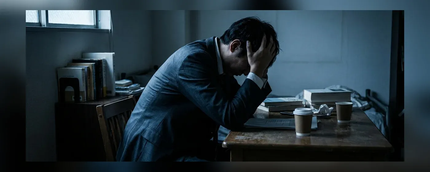 暗い部屋で頭を抱え疲れ切った様子の若いビジネスマン