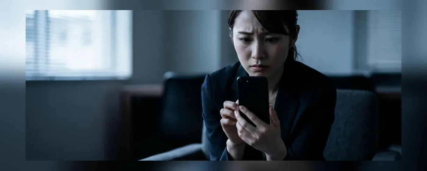 暗い部屋で不安そうにスマートフォンを見つめる女性ビジネスパーソン