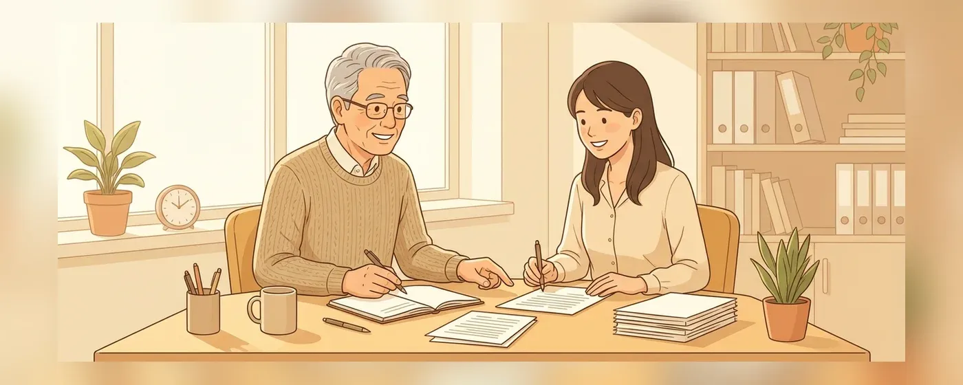 オフィスで若手社員と笑顔で会話するシニア男性