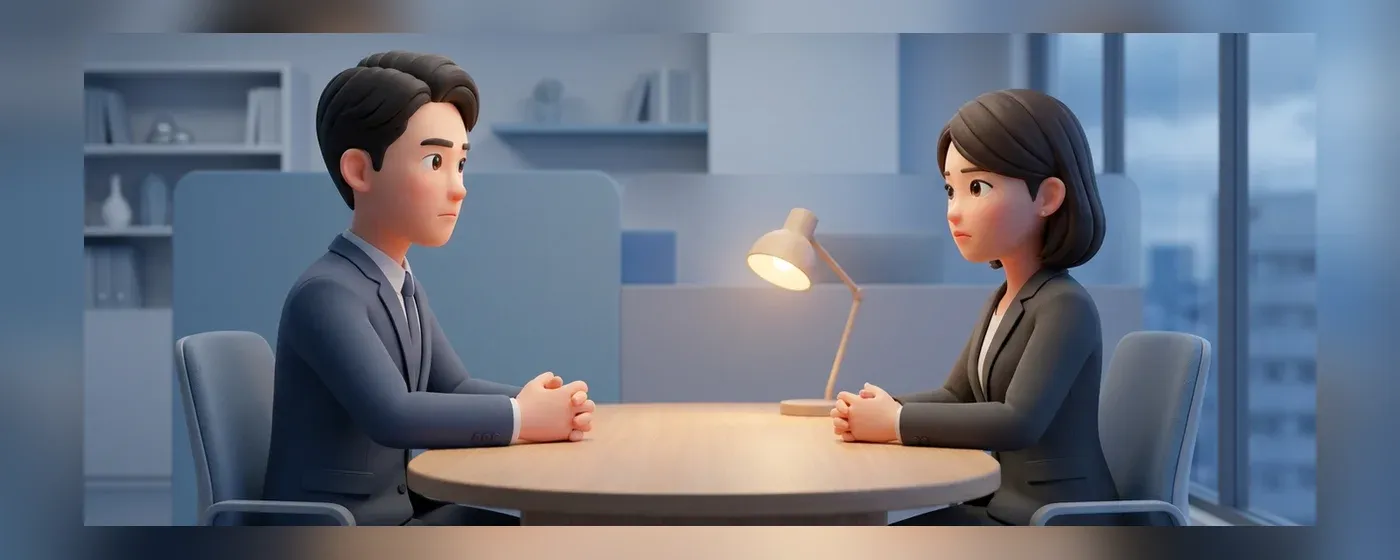 向かい合って真剣に会話する二人の会社員