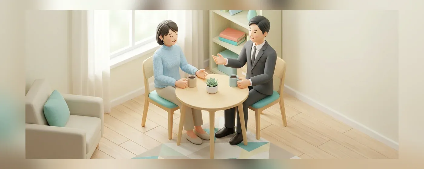 テーブルに向かい合って和やかに話す二人の人物