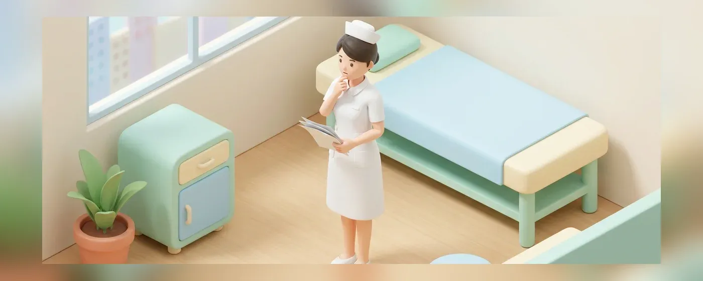 書類を手に持ち考え込むナース服の女性の3Dイラスト