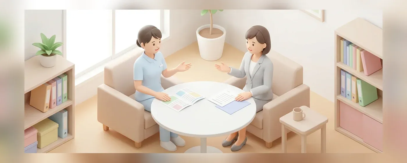 テーブルを挟んで笑顔で会話する看護師とコンサルタントの3Dイラスト