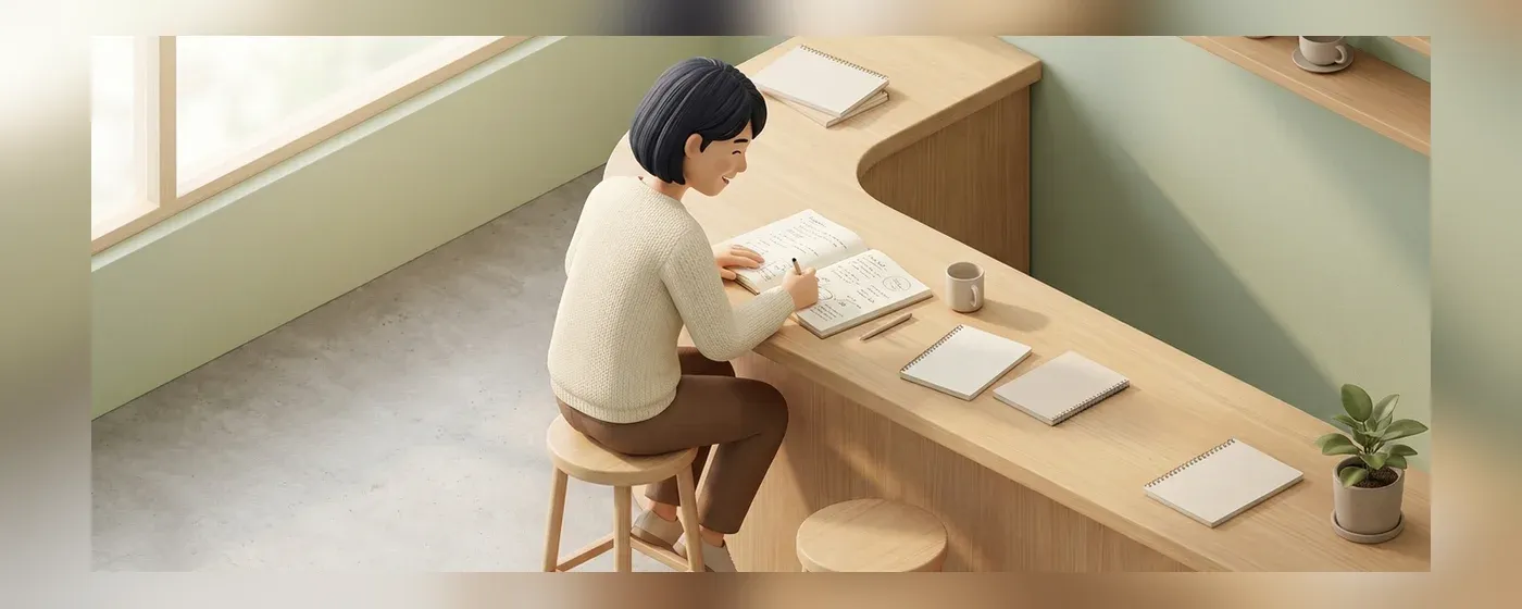 カフェのカウンターでノートを開き開業の計画を立てる人物