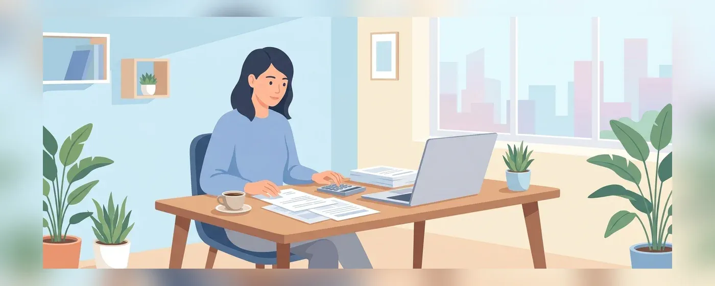 自宅のデスクで書類と電卓を使いながら経理の仕事をする女性