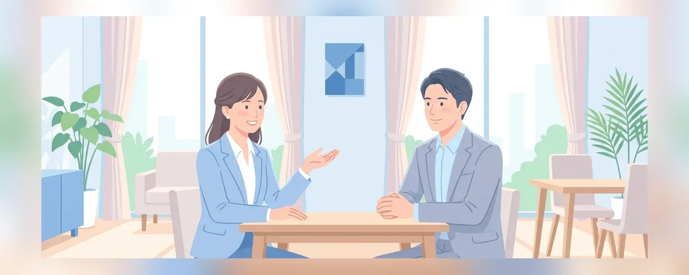 明るい部屋で向かい合って面接の会話をする二人のビジネスパーソン