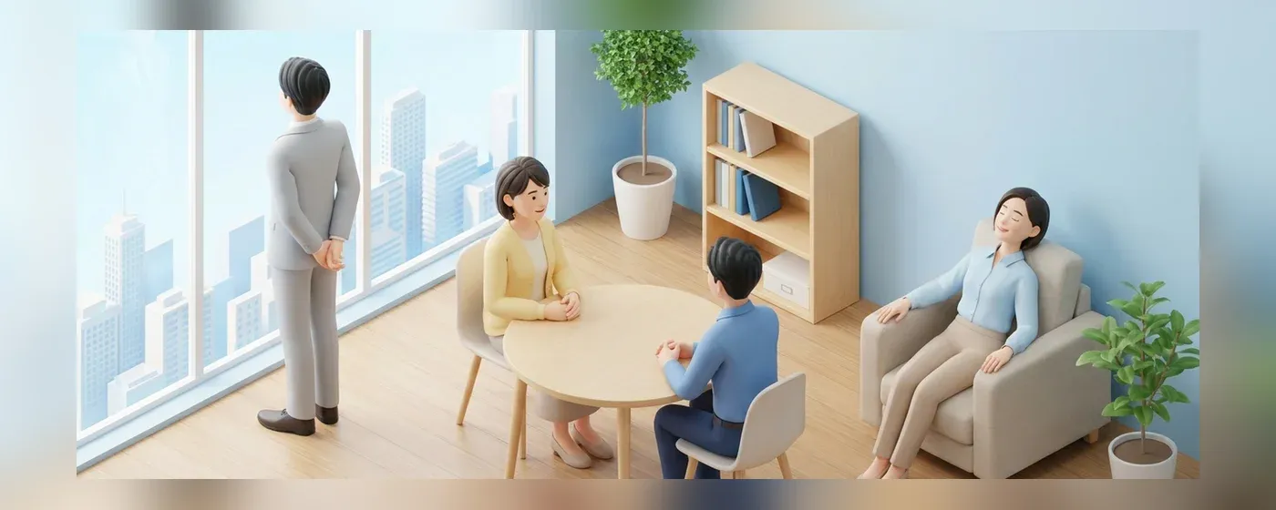 窓の外を見る人と椅子でくつろぐ人と対話する人