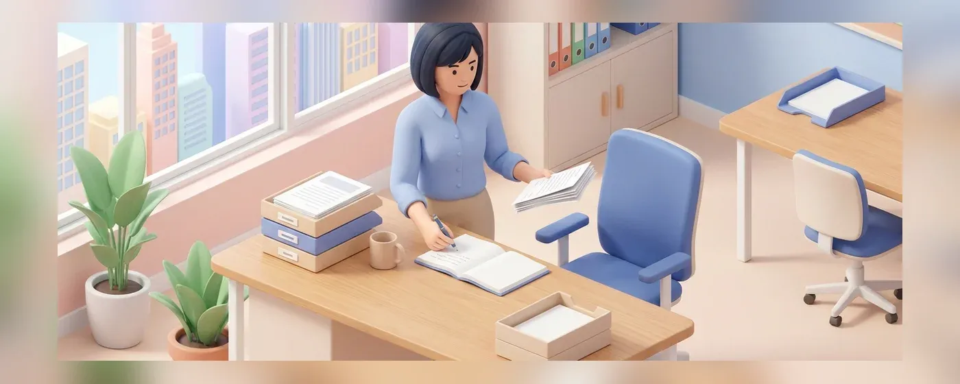 机の上で書類と手帳を整理するビジネスパーソン
