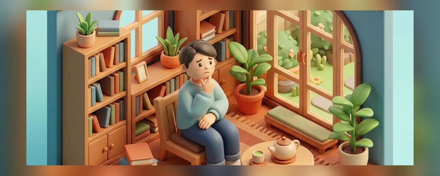 部屋で不安そうに考え込む人物