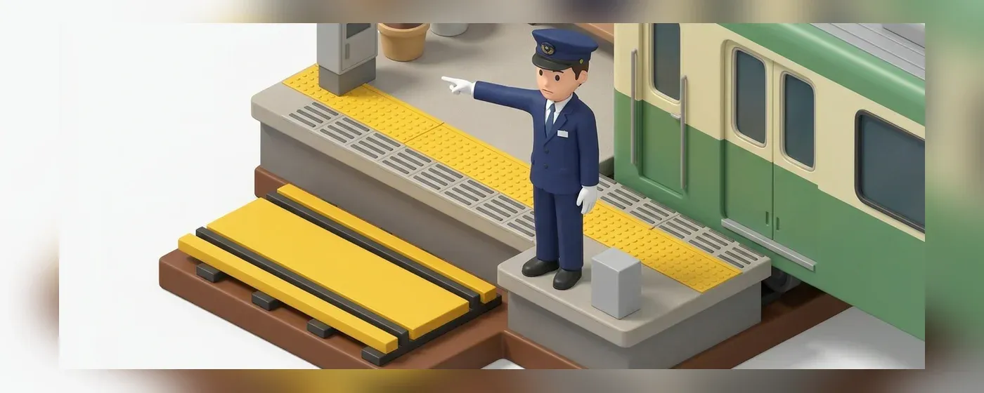 駅のホームで安全確認をする駅員