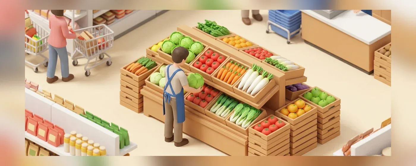 スーパーの青果売り場で野菜を陳列する店員