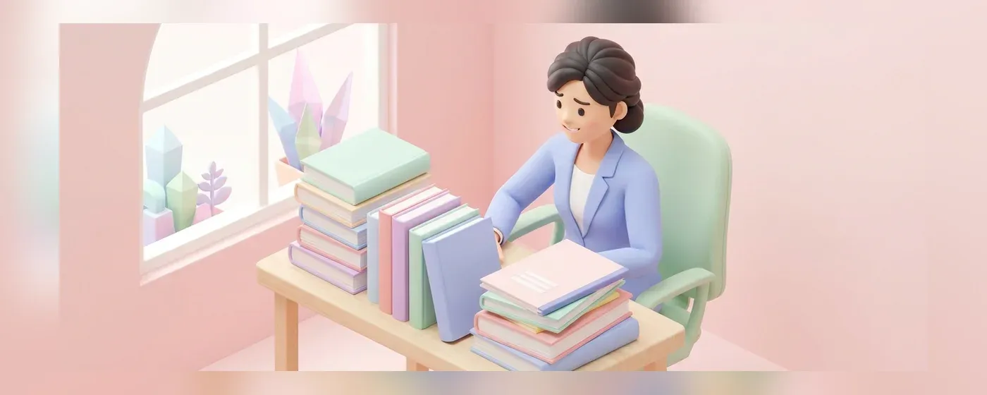 山積みの英語のテキストを前に悩む人物の3Dイラスト