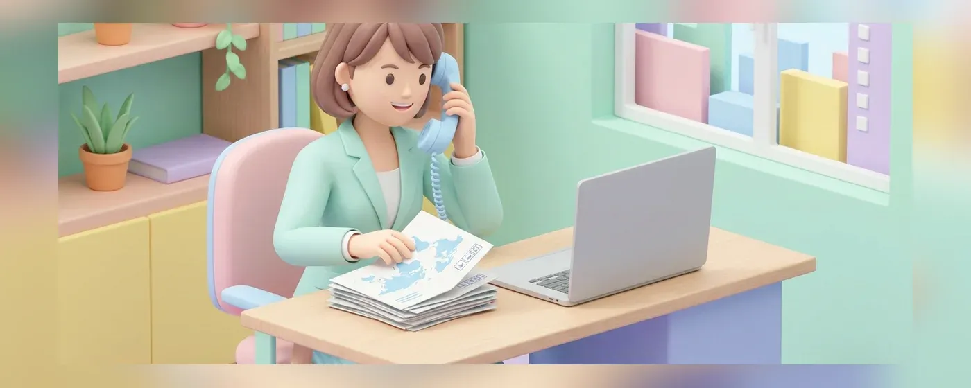 デスクで電話対応と事務作業をする人物の3Dイラスト