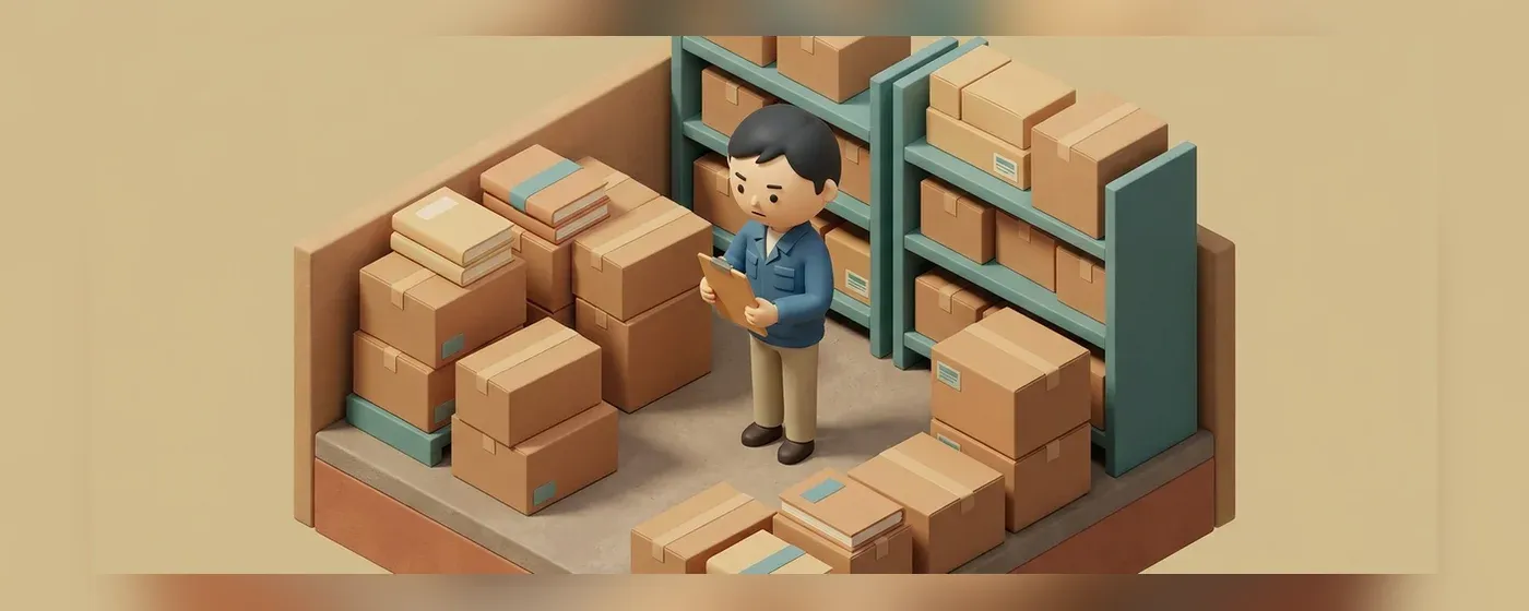 段ボール箱や書類の横でバインダーを持ち考える人物