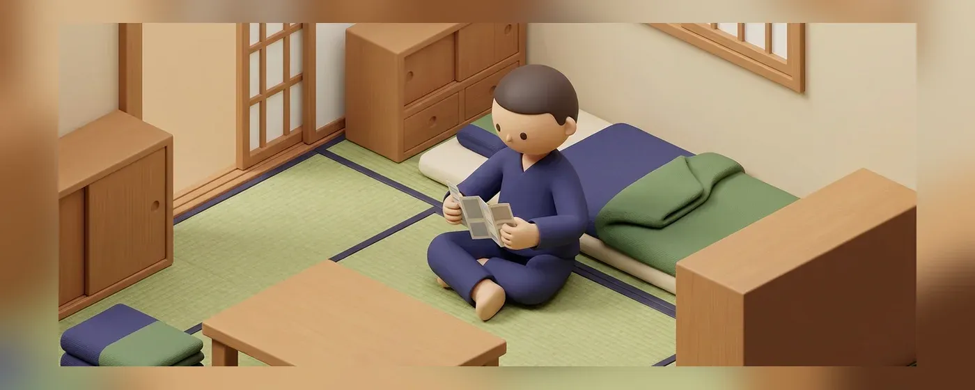畳の寮の部屋でくつろぎながら本を読む人
