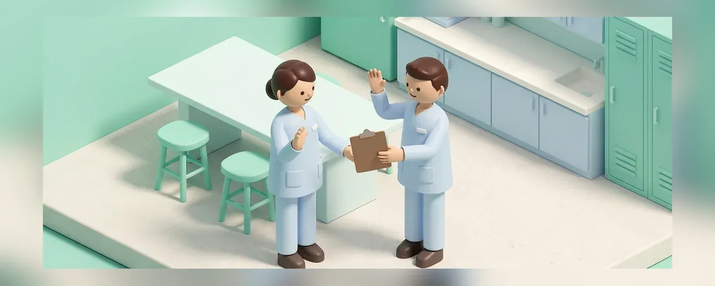 休憩室で引き継ぎの挨拶をする二人の看護助手