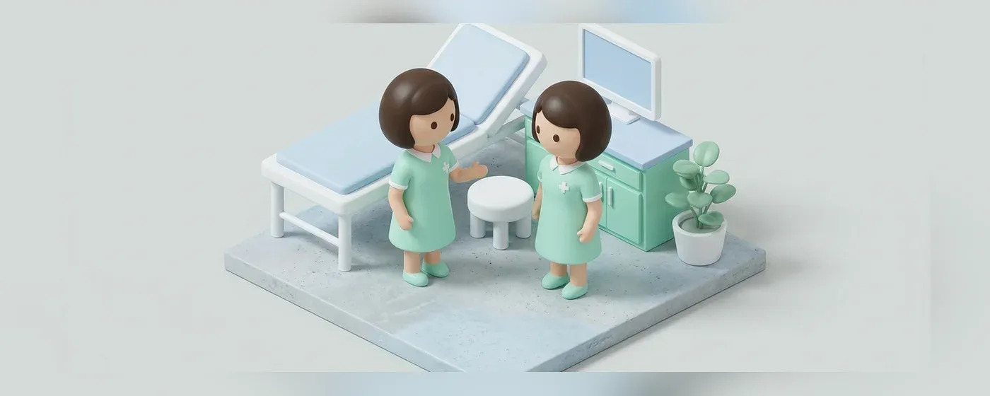 清潔な職場で笑顔で会話するナース服の人物たち