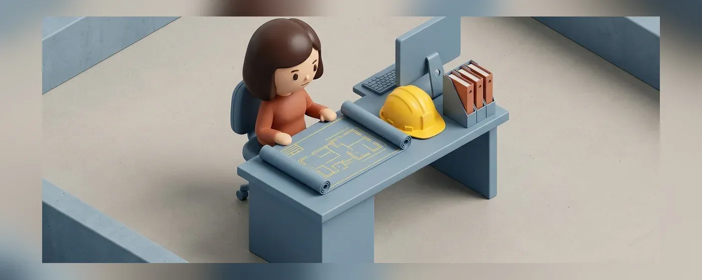 図面やヘルメットが置かれたデスクで事務作業をする女性