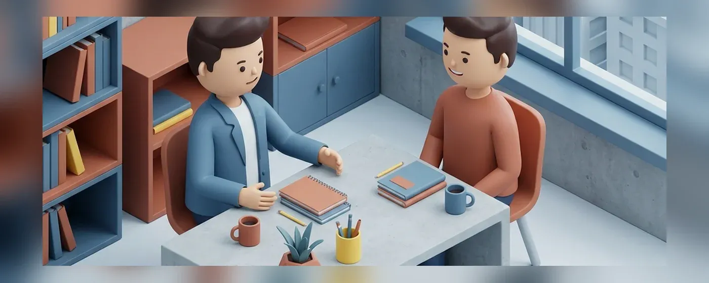 デスクを挟んで向かい合い笑顔で相談する二人の人物