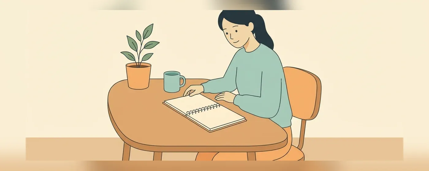 ノートを開いて考え事をする女性