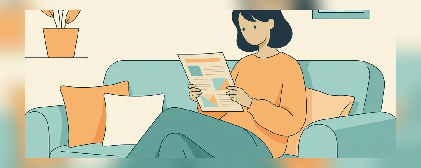 ソファに座り書類を真剣に読む女性
