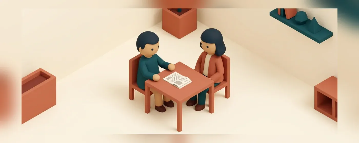 テーブルを挟んで向かい合い書類を見ながら話す二人の人物