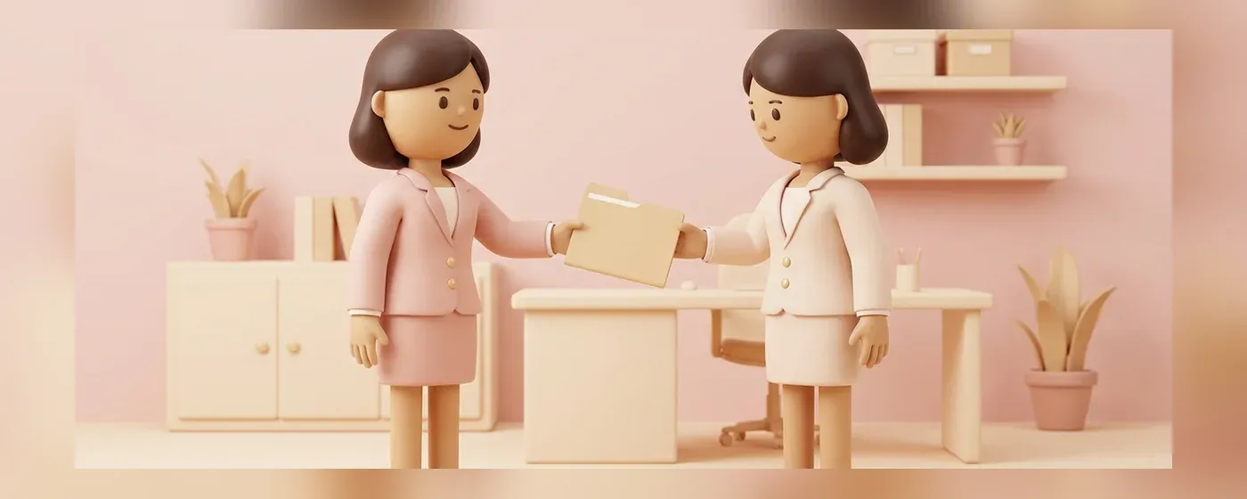 書類を渡して微笑み合う二人の女性スタッフ