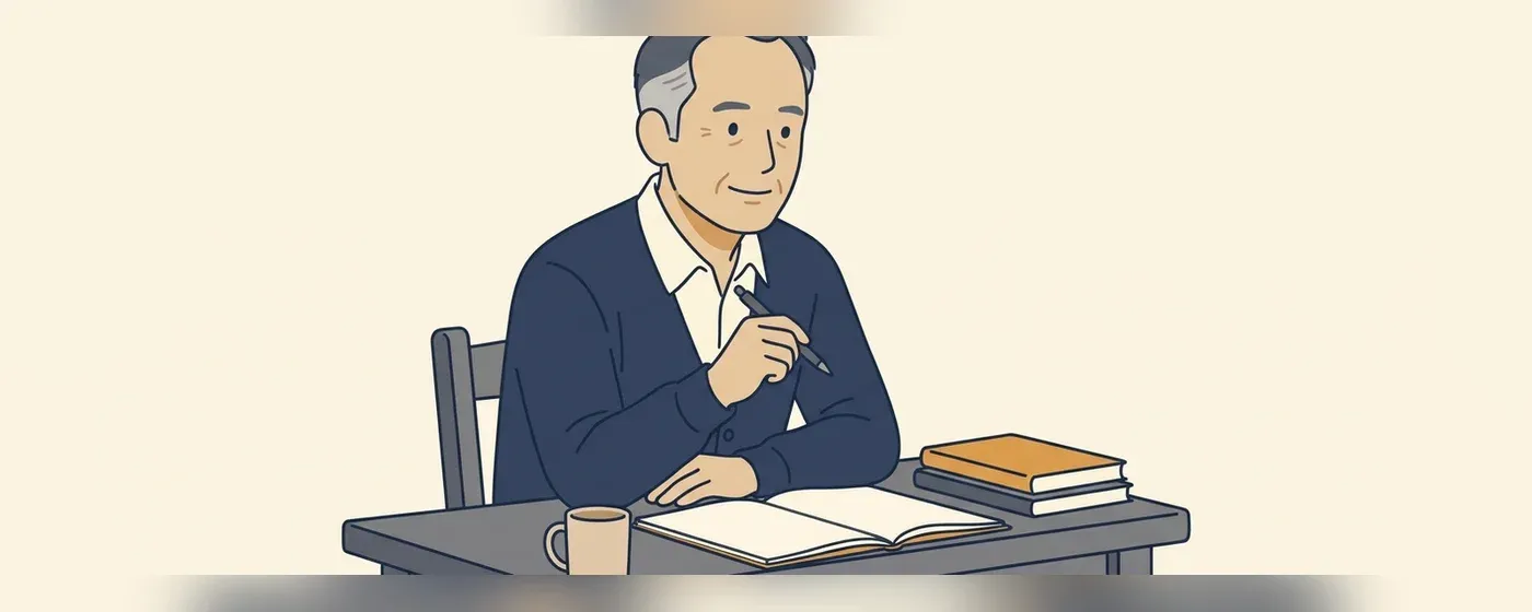 ノートを広げて穏やかな表情で考える50代の男性