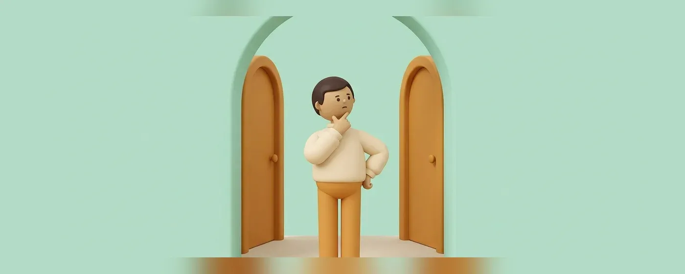 2つのドアの前に立ち考え込む人物