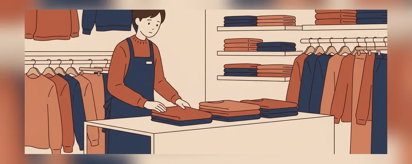 服をたたみながら考え込むアパレル販売員