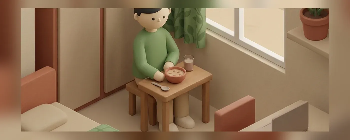 簡素な部屋でくつろぎながら食事をとる人