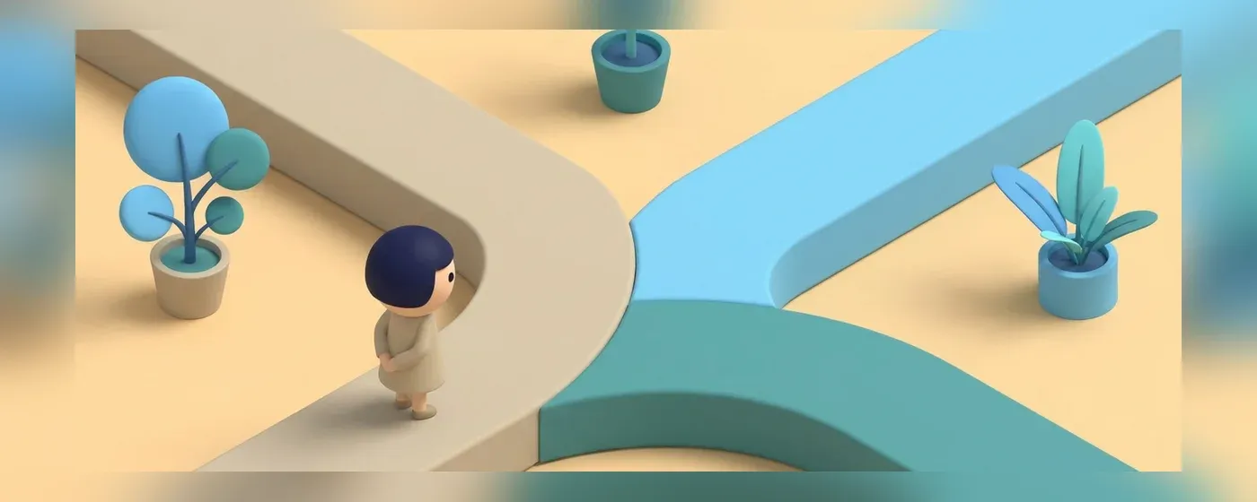 3つの道の分岐点に立つ人物の3Dイラスト
