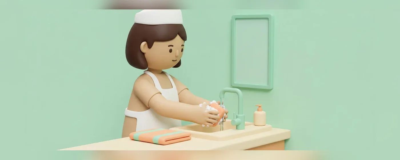 エプロンと帽子を着用して丁寧に手洗いをする人物