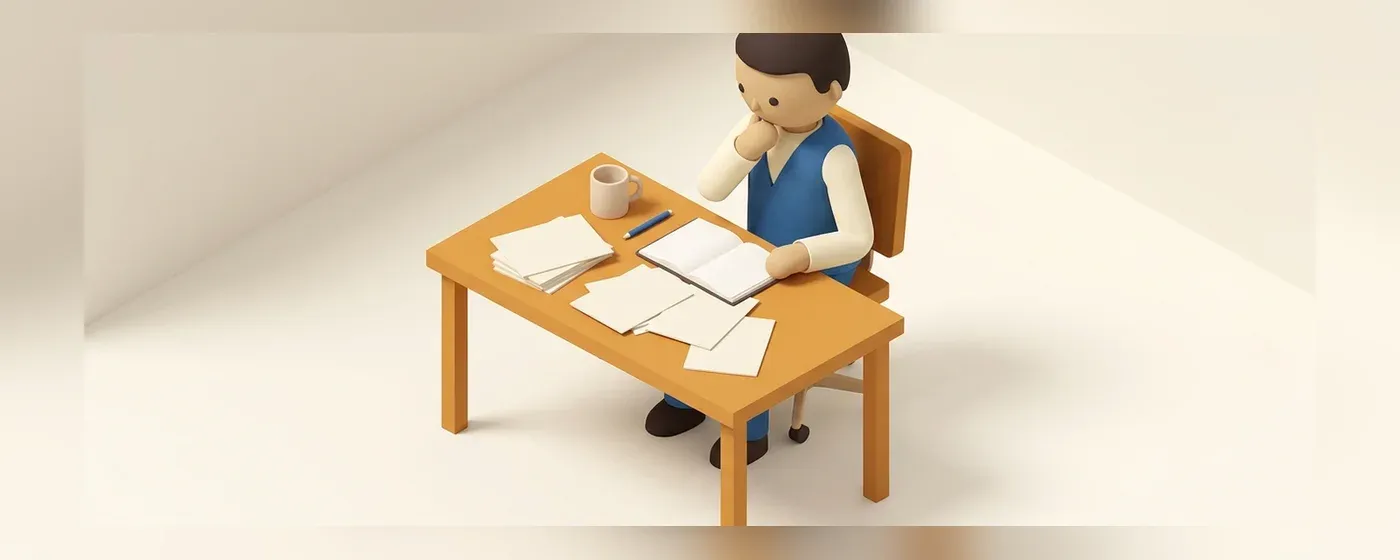 机で書類やノートを見ながら考える人物