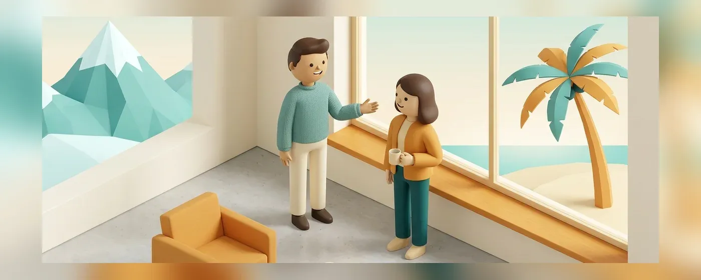 窓辺で景色を見ながら会話する2人の人物