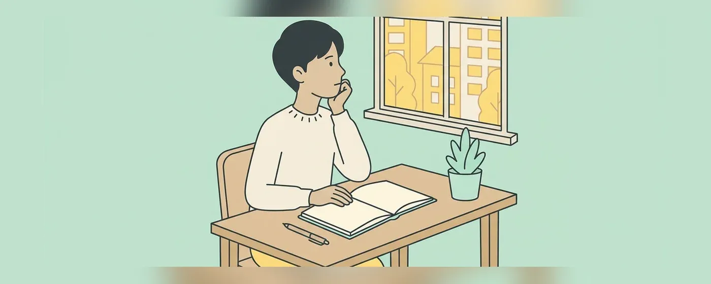 窓の外を見つめて考え事をする人物と机の上のノート