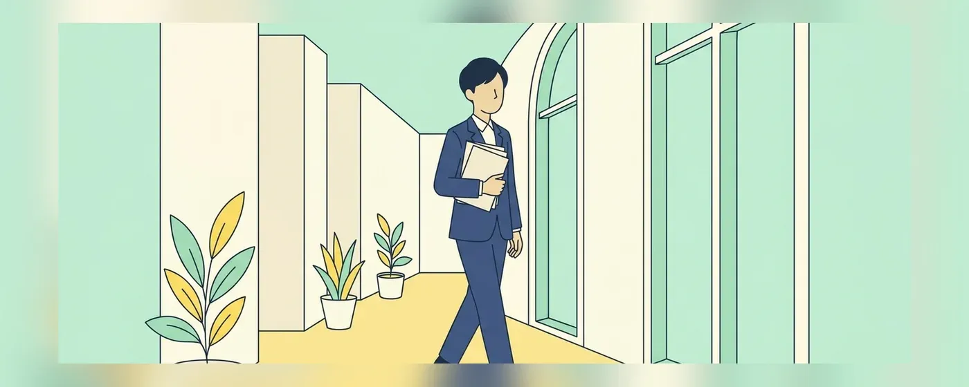 書類を抱えてオフィスを歩くスーツ姿の人物