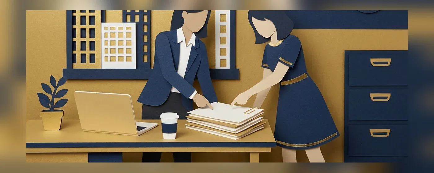 オフィスのデスクで書類を見比べる二人のビジネスパーソン