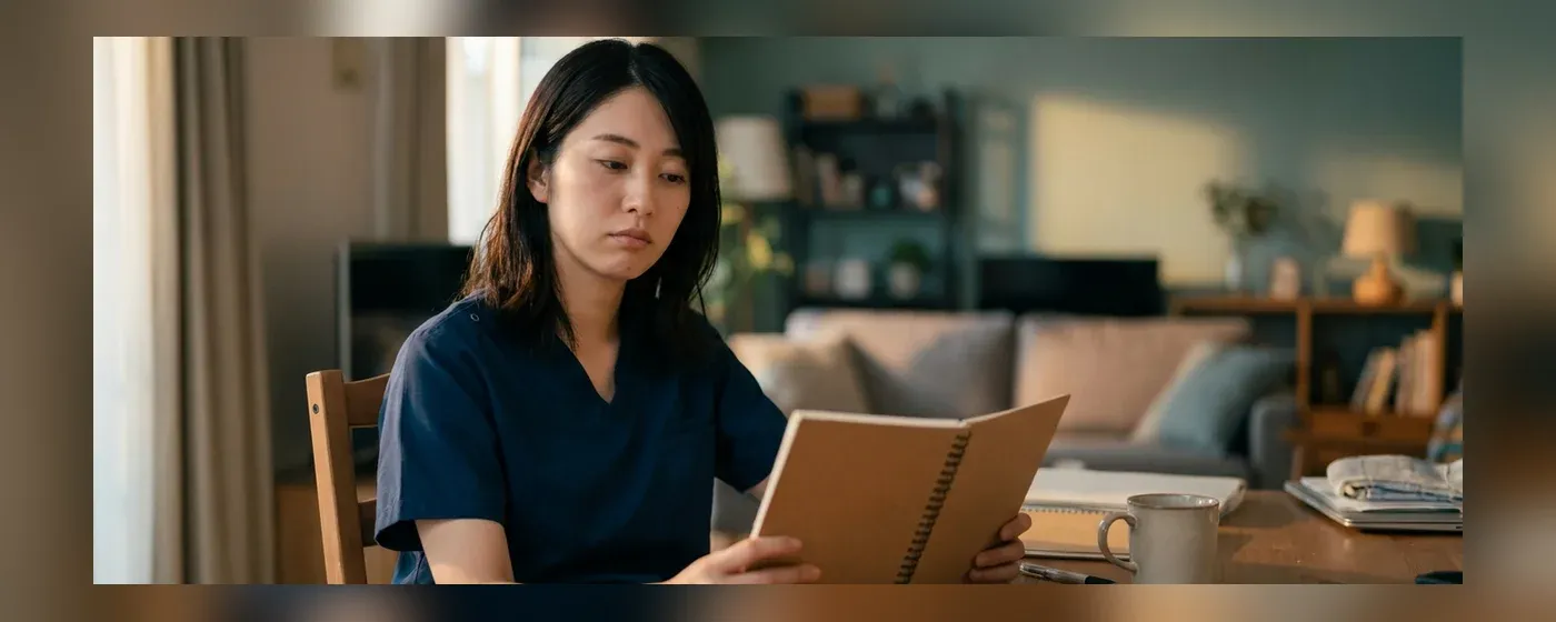 家計簿を見つめながら物思いにふける日本人女性