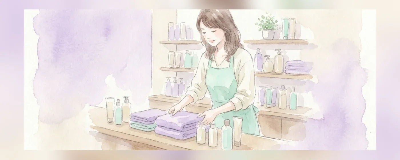 サロンでタオルや美容用品を整理するエプロン姿の女性
