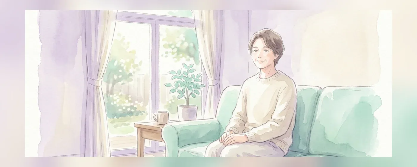 明るい部屋のソファに座り穏やかに微笑む人物