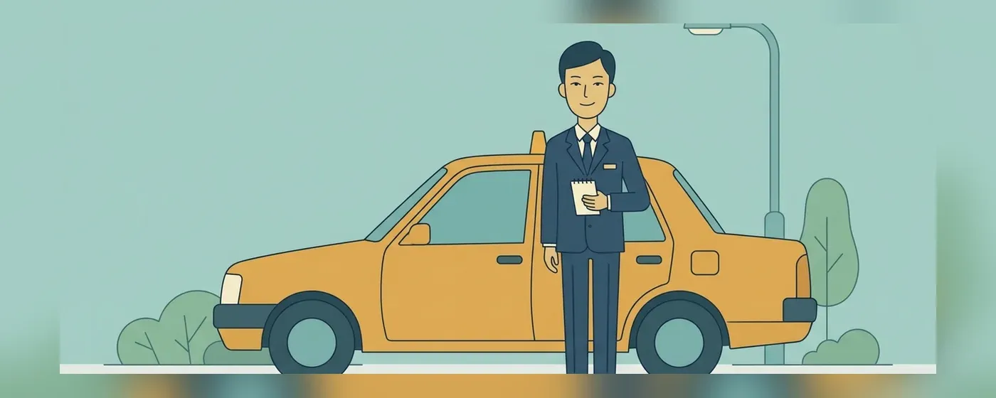 タクシーの横でメモ帳を持ち微笑むドライバー