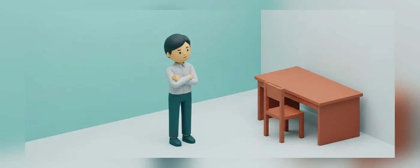部屋で腕を組んで考え込んでいる人物