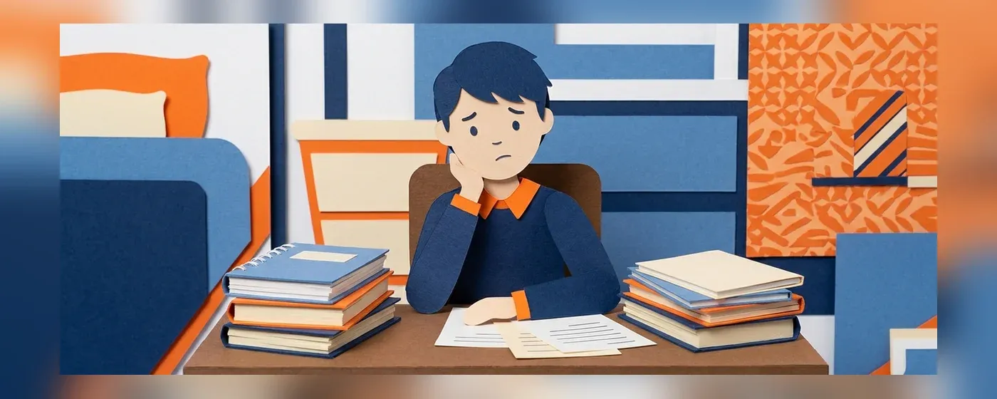 机に向かって不安そうに考え込む若者