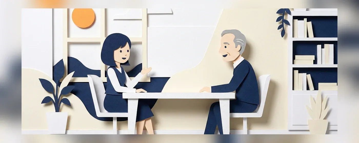 面接官とテーブルを挟んで自信を持って話す若者