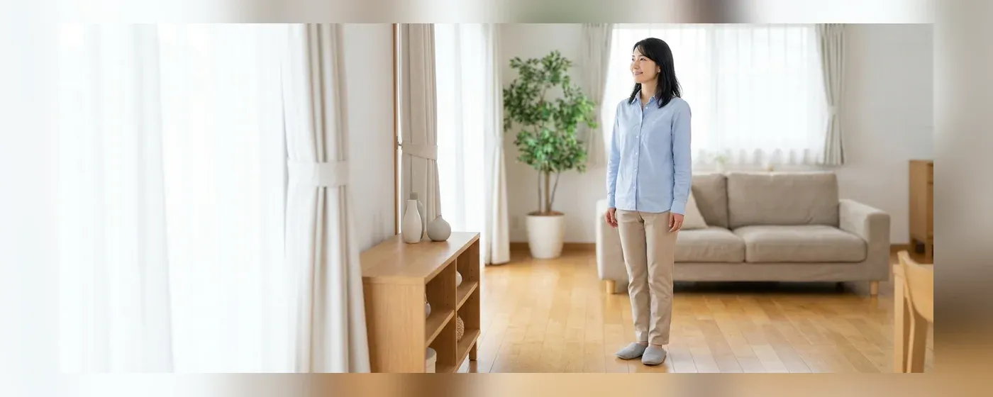 部屋でくつろぎながら前向きな表情を浮かべる女性