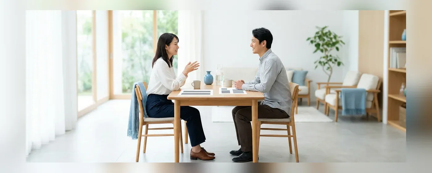 明るい相談室で向かい合って話をする男女