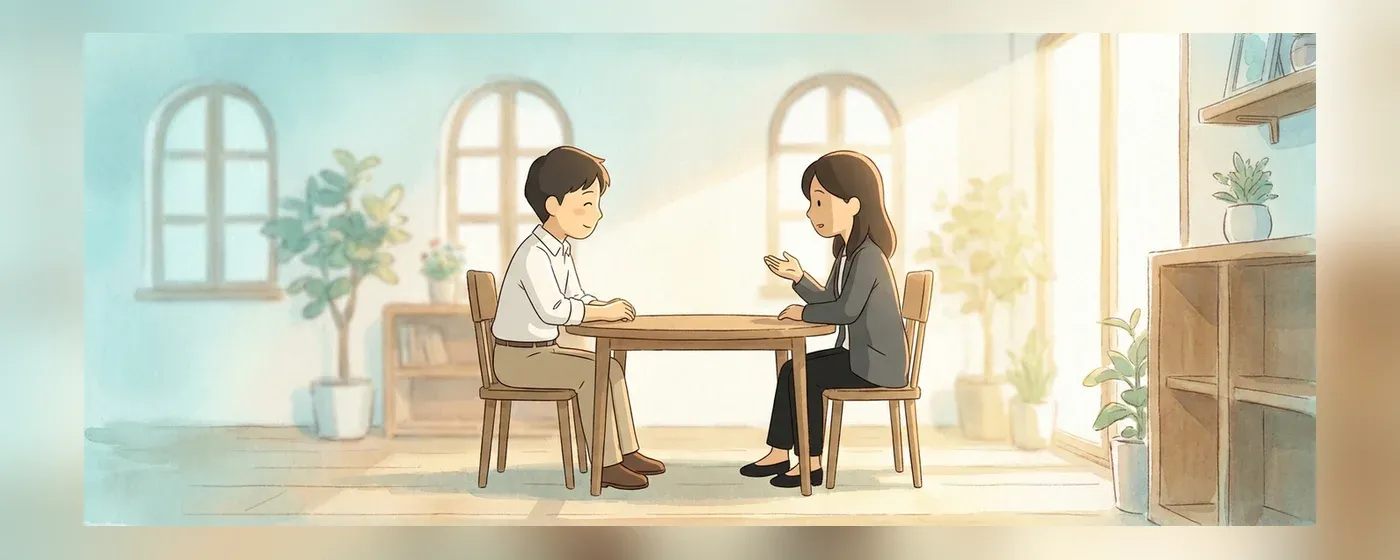 テーブルを挟んで穏やかに話し合う二人の人物