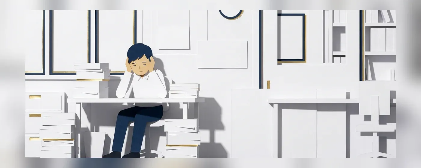 山積みの書類の前で頭を抱えて悩む人物