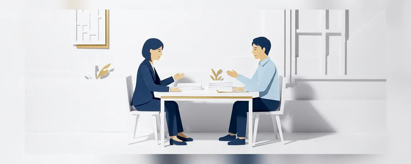 テーブルに向かい合って座り相談する二人の人物